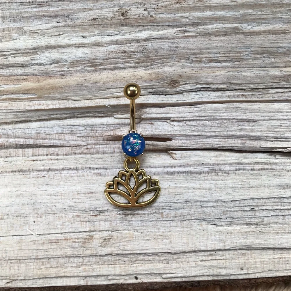 Blue Opal Gold Lotus Belly‎ Button Ring
